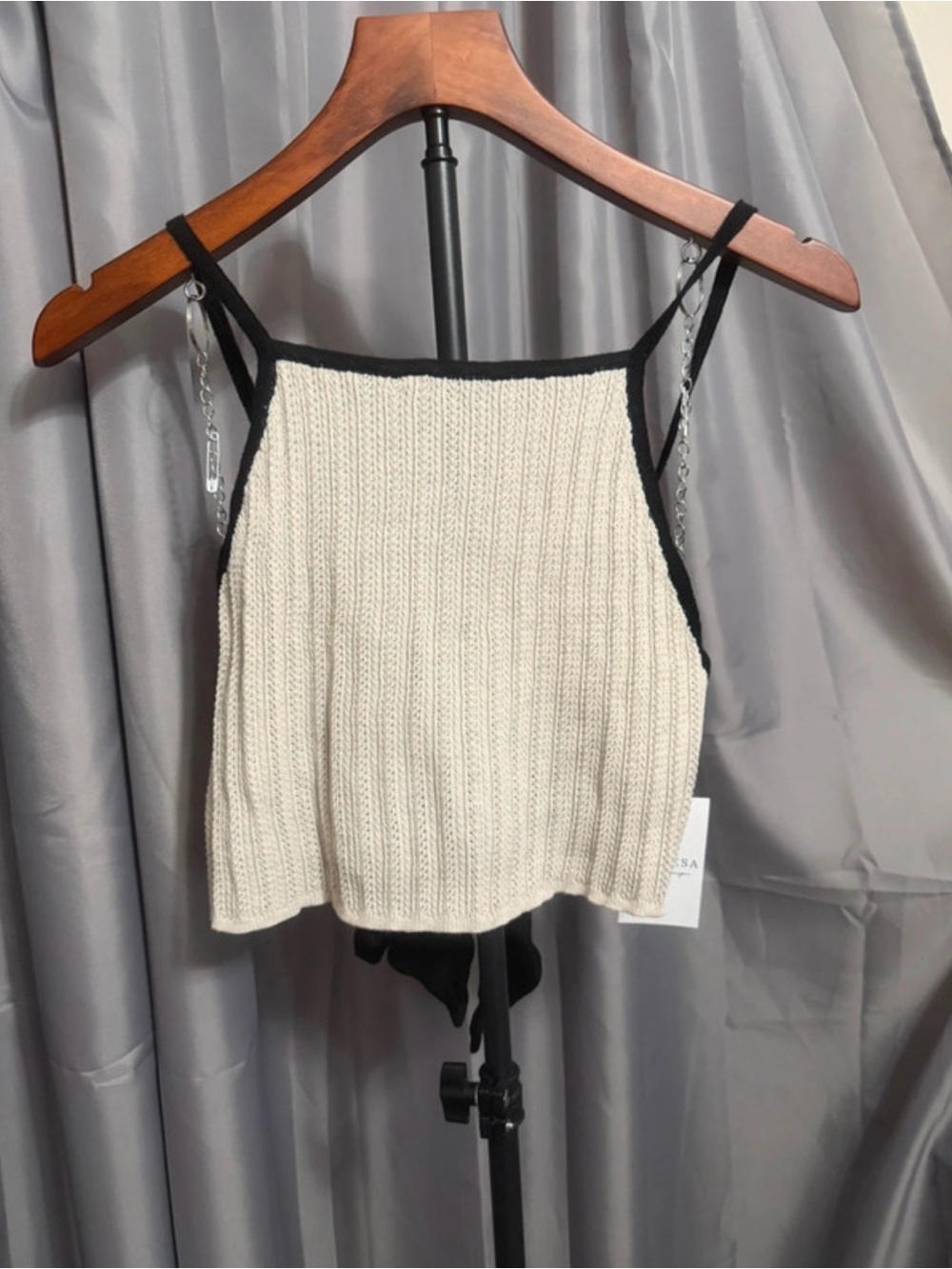 Promesa Cream Ribbed Knit Cropped Camisole with Black Trim